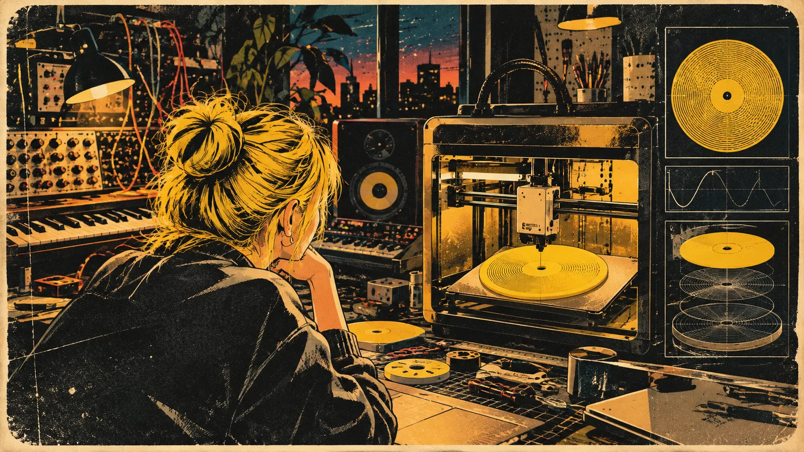 A listener wearing headphones holds a gold Kräftsound disc against the city lights at night