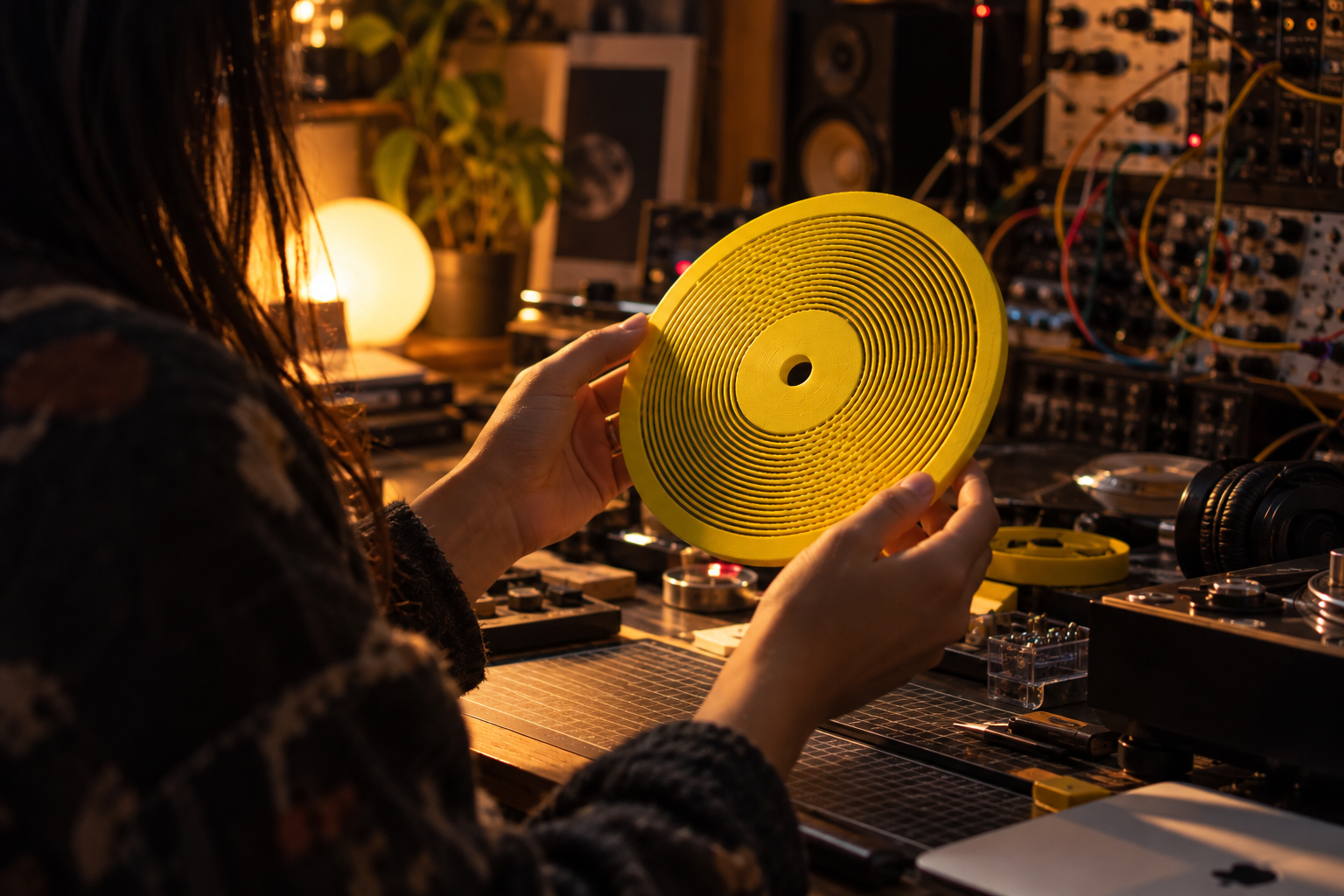 A listener wearing headphones holds a gold Kräftsound disc against the city lights at night