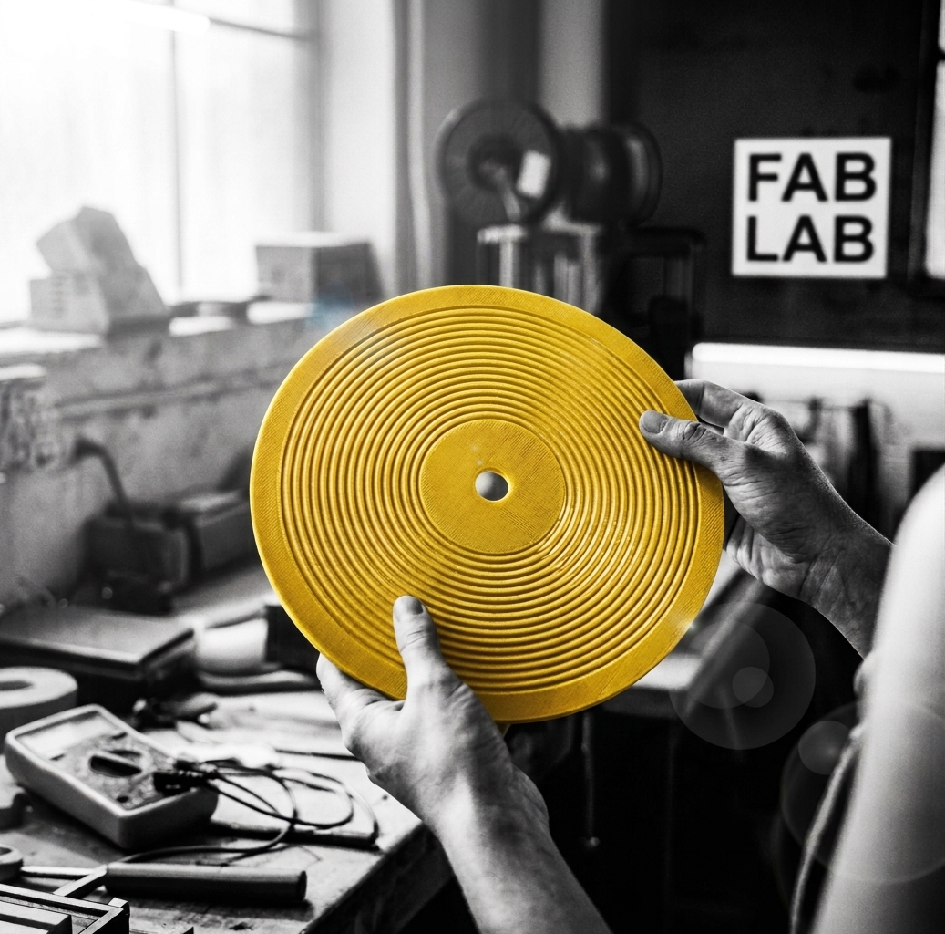 A listener wearing headphones holds a gold Kräftsound disc against the city lights at night
