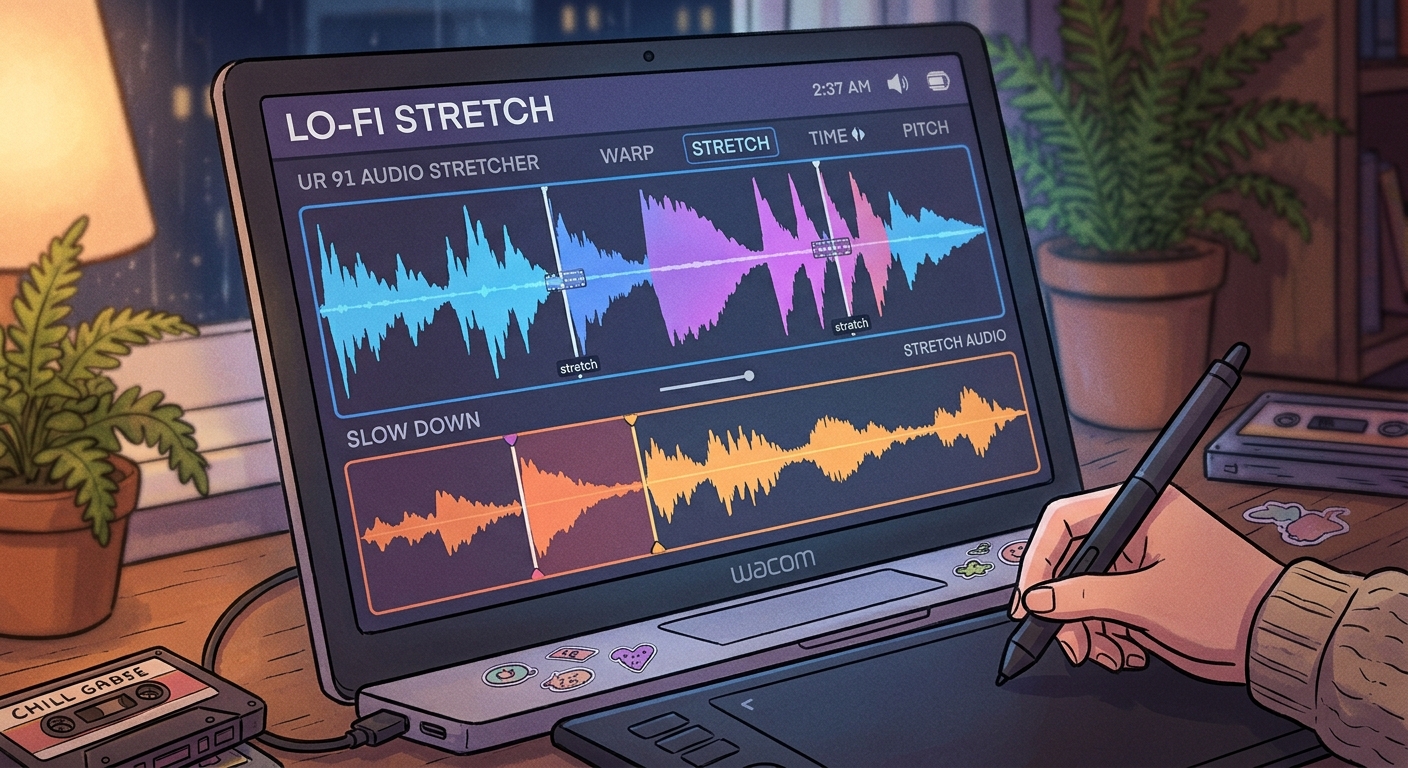 Illustration of an audio stretching app on a laptop in a lo-fi studio
