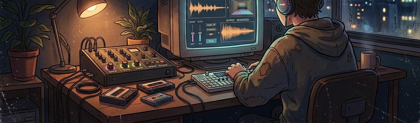 Illustration of a person playing the Resonator audio app in a neon night studio
